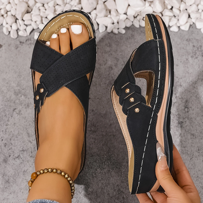 Women's Wedge Sandals with Crossover Strap and Gold Stud Detail