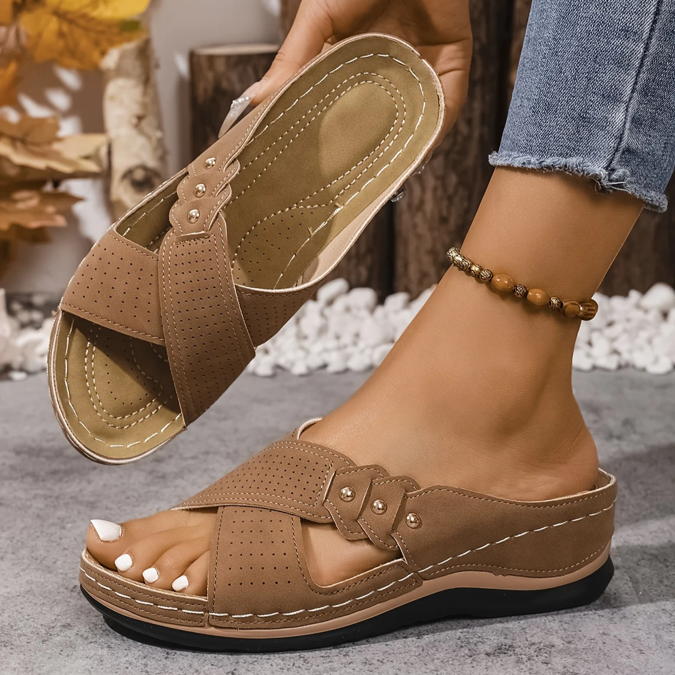 Women's Wedge Sandals with Crossover Strap and Gold Stud Detail