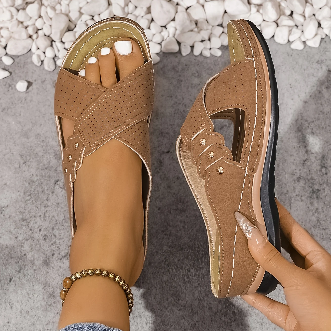 Women's Wedge Sandals with Crossover Strap and Gold Stud Detail