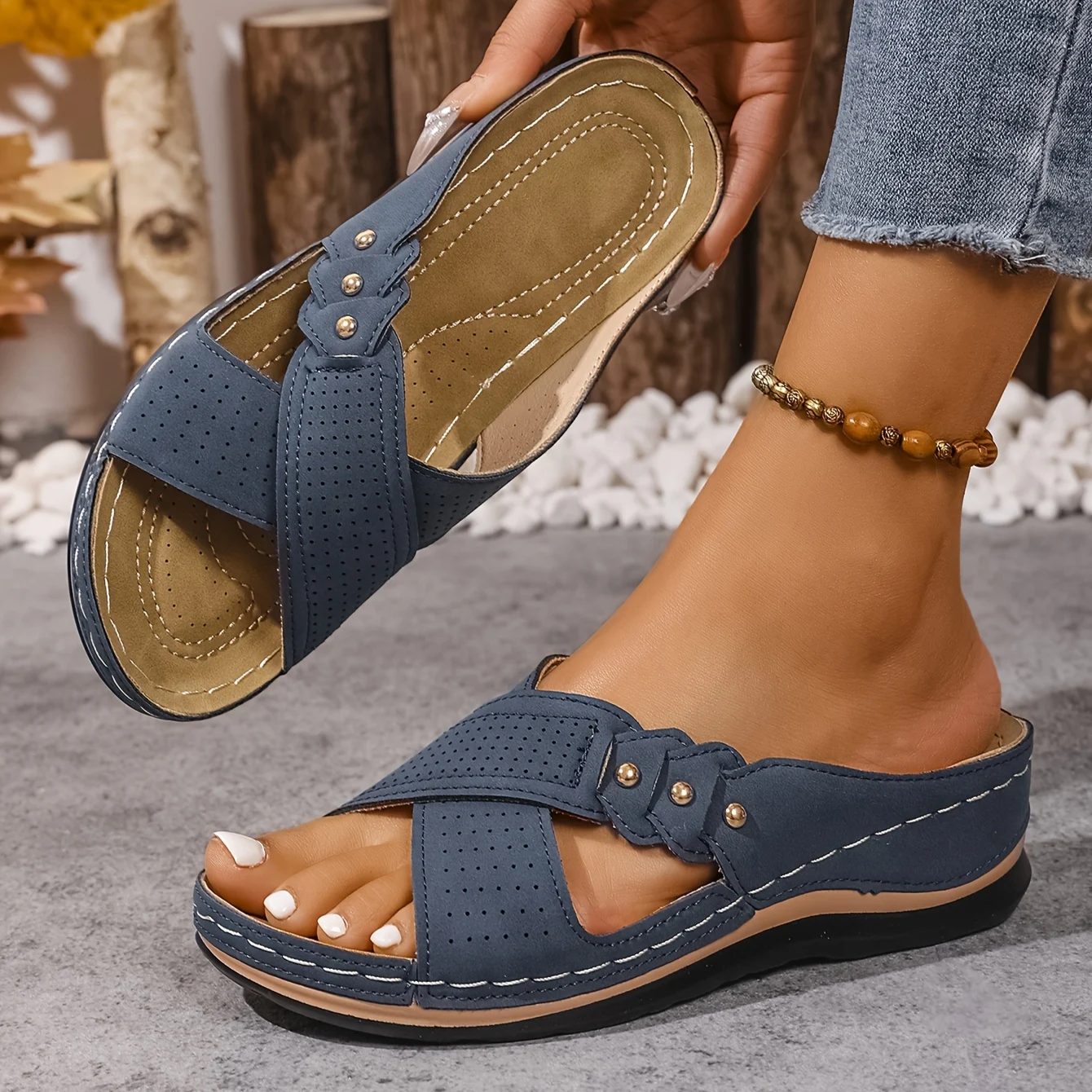 Women's Wedge Sandals with Crossover Strap and Gold Stud Detail