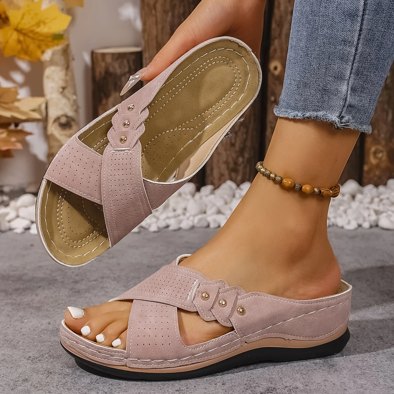 Women's Wedge Sandals with Crossover Strap and Gold Stud Detail