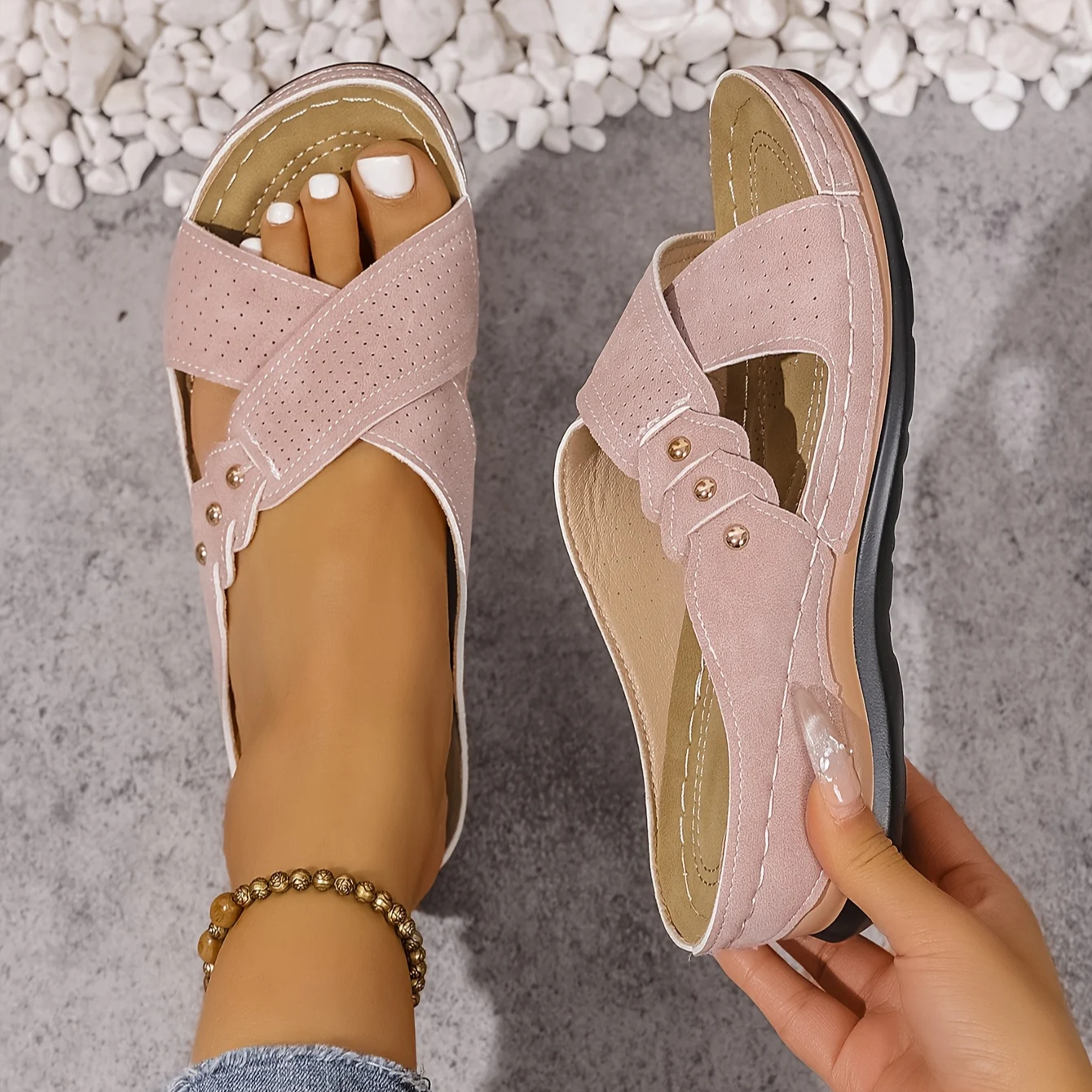 Women's Wedge Sandals with Crossover Strap and Gold Stud Detail