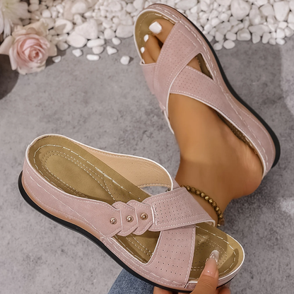 Women's Wedge Sandals with Crossover Strap and Gold Stud Detail