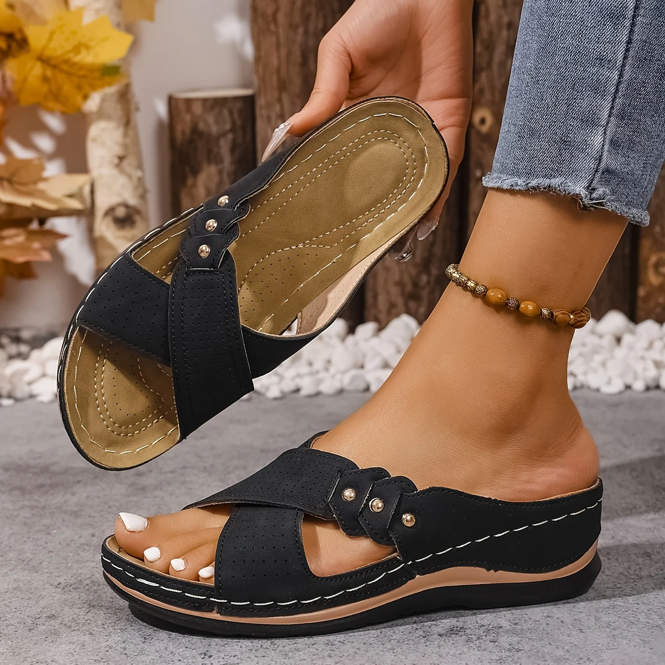 Women's Wedge Sandals with Crossover Strap and Gold Stud Detail