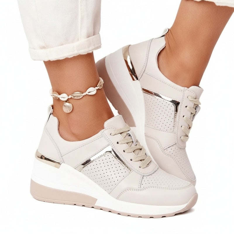 Women's Wedge Sneakers with Lace-Up Closure and Metallic Accent