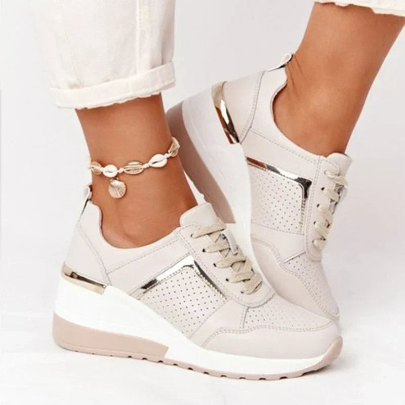 Women's Wedge Sneakers with Lace-Up Closure and Metallic Accent