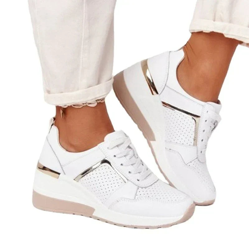 Women's Wedge Sneakers with Lace-Up Closure and Metallic Accent