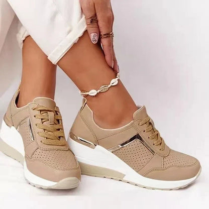 Women's Wedge Sneakers with Lace-Up Closure and Metallic Accent