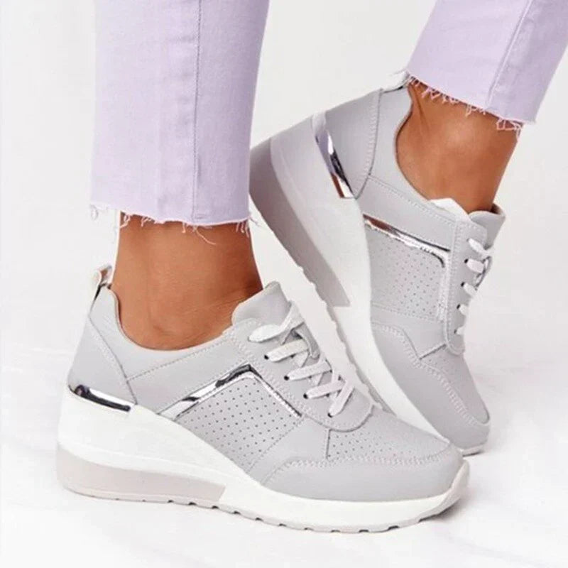 Women's Wedge Sneakers with Lace-Up Closure and Metallic Accent