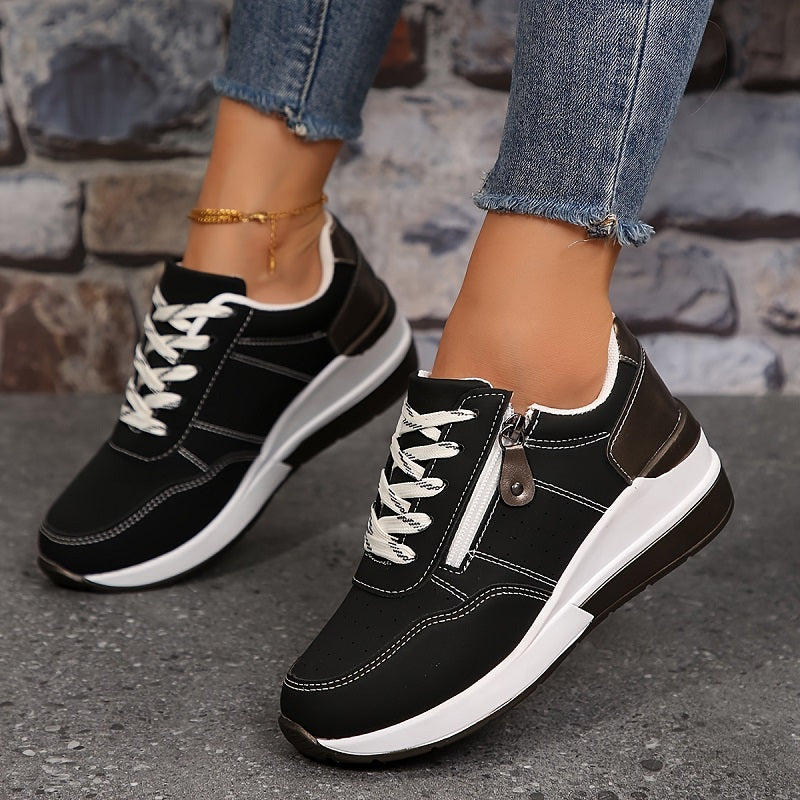Women's Wedge Sneakers with Side Zip and Lace-Up Closure