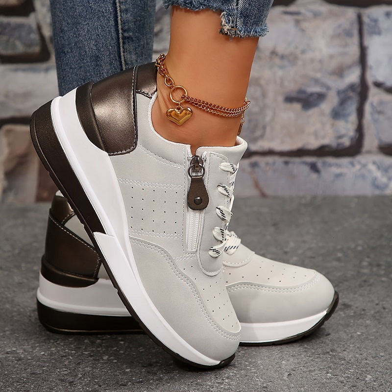 Women's Wedge Sneakers with Side Zip and Lace-Up Closure