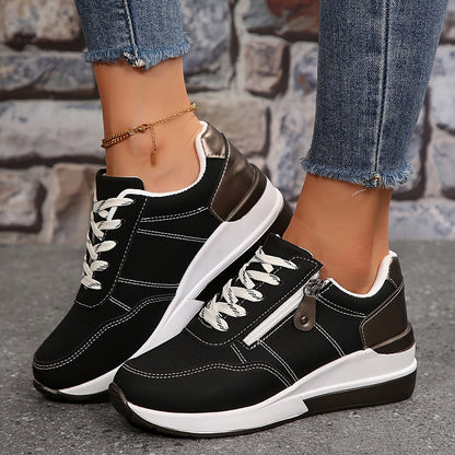 Women's Wedge Sneakers with Side Zip and Lace-Up Closure
