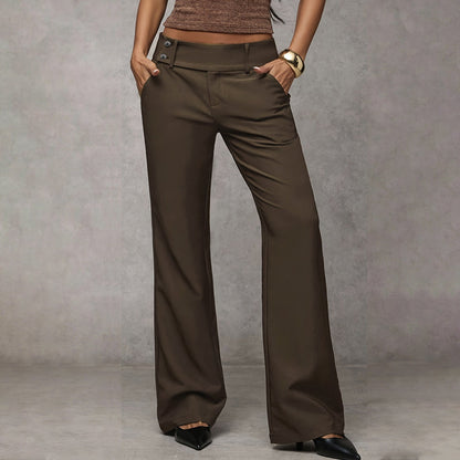 Women's Wide-Leg High Waist Flared Trousers with Button Detail