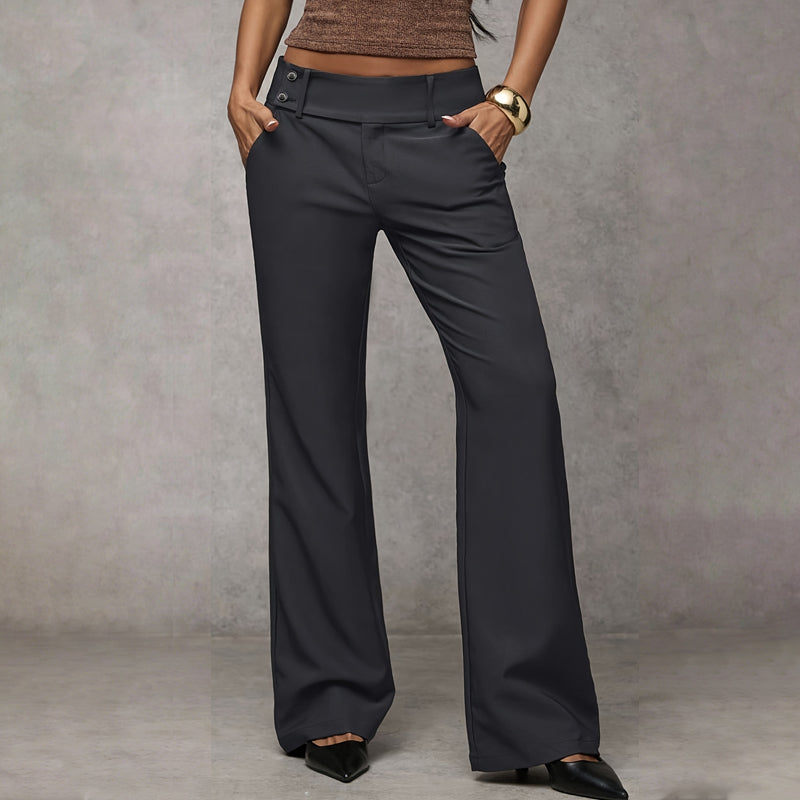Women's Wide-Leg High Waist Flared Trousers with Button Detail