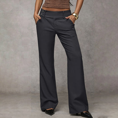 Women's Wide-Leg High Waist Flared Trousers with Button Detail