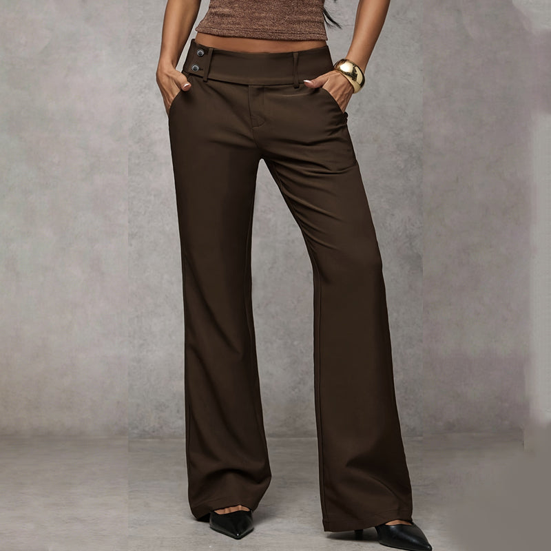 Women's Wide-Leg High Waist Flared Trousers with Button Detail