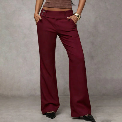 Women's Wide-Leg High Waist Flared Trousers with Button Detail