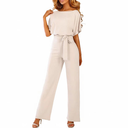 Women's Wide-Leg Jumpsuit with Short Sleeves, Round Neck and Tie Belt