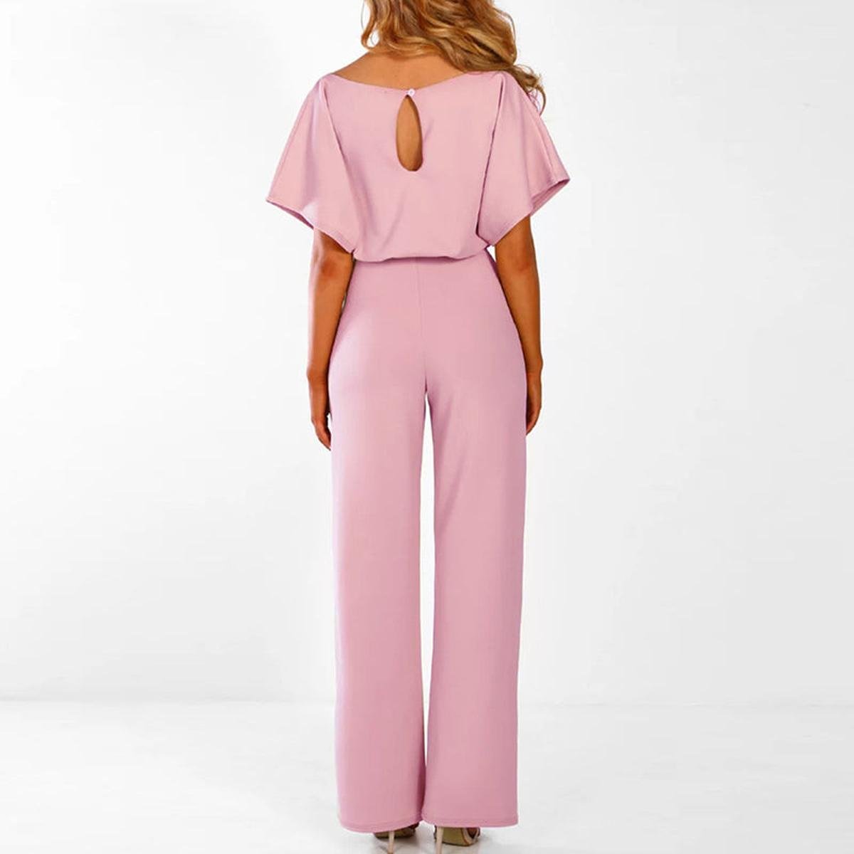 Women's Wide-Leg Jumpsuit with Short Sleeves, Round Neck and Tie Belt