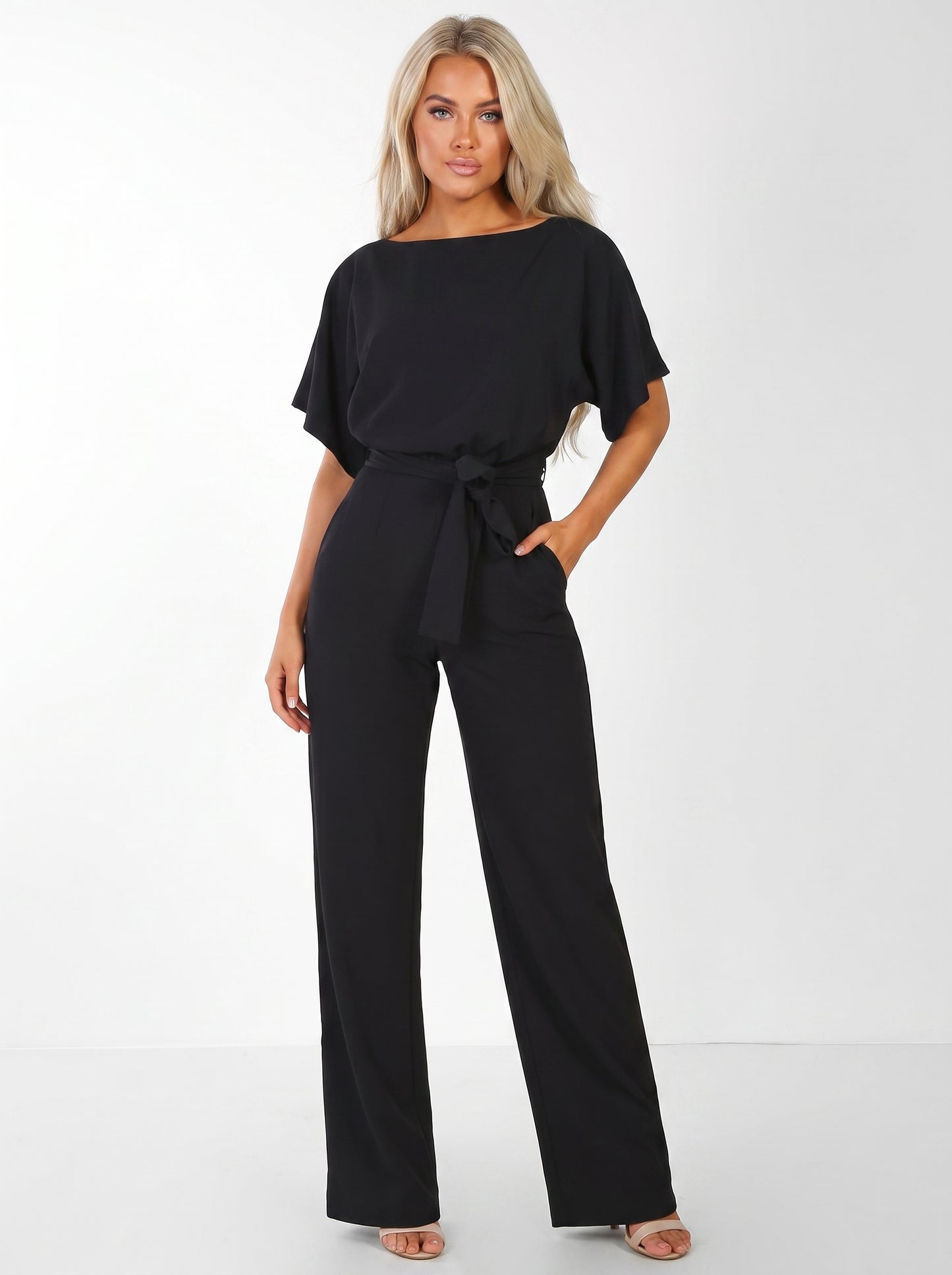 Women's Wide-Leg Jumpsuit with Short Sleeves, Round Neck and Tie Belt