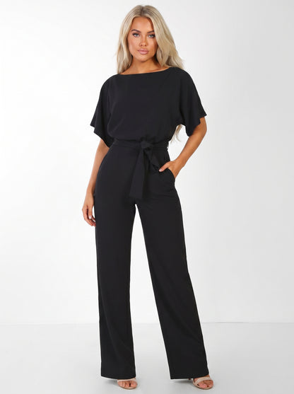 Women's Wide-Leg Jumpsuit with Short Sleeves, Round Neck and Tie Belt