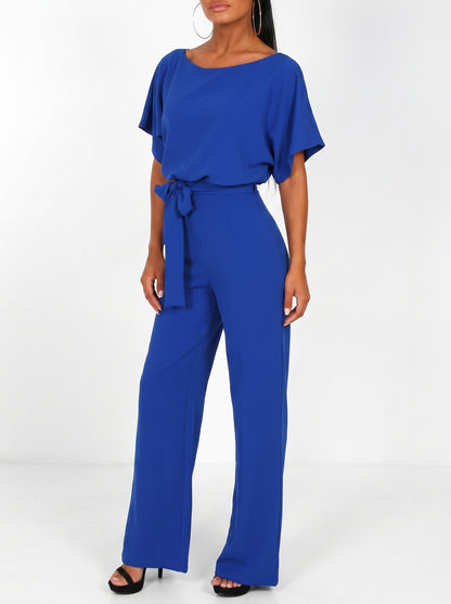 Women's Wide-Leg Jumpsuit with Short Sleeves, Round Neck and Tie Belt