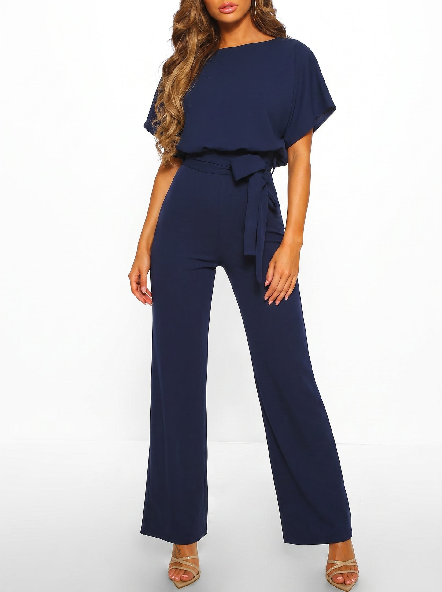 Women's Wide-Leg Jumpsuit with Short Sleeves, Round Neck and Tie Belt