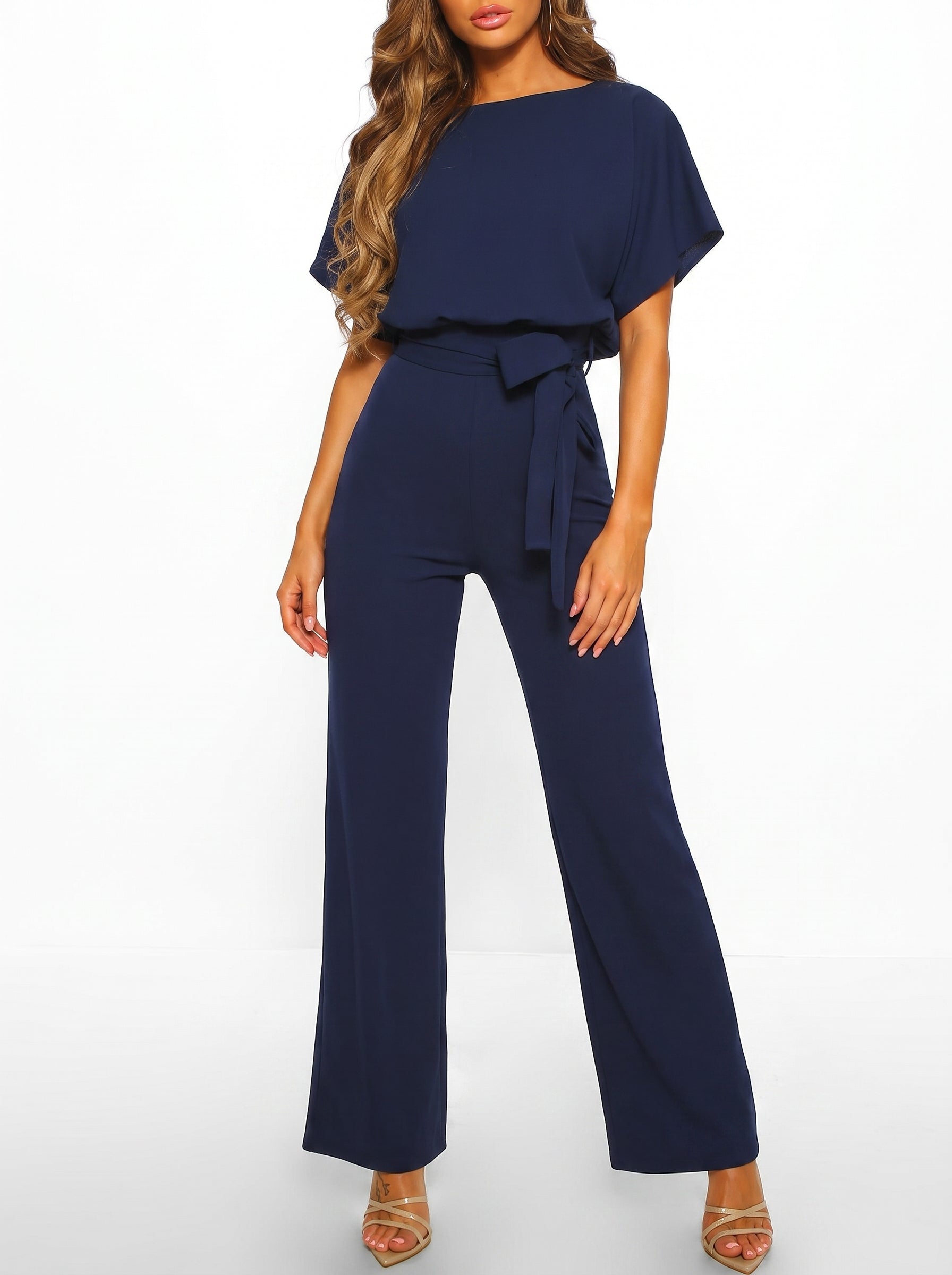 Women's Wide-Leg Jumpsuit with Short Sleeves, Round Neck and Tie Belt