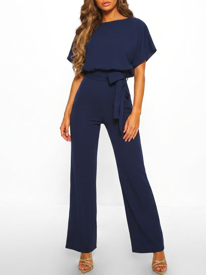 Women's Wide-Leg Jumpsuit with Short Sleeves, Round Neck and Tie Belt