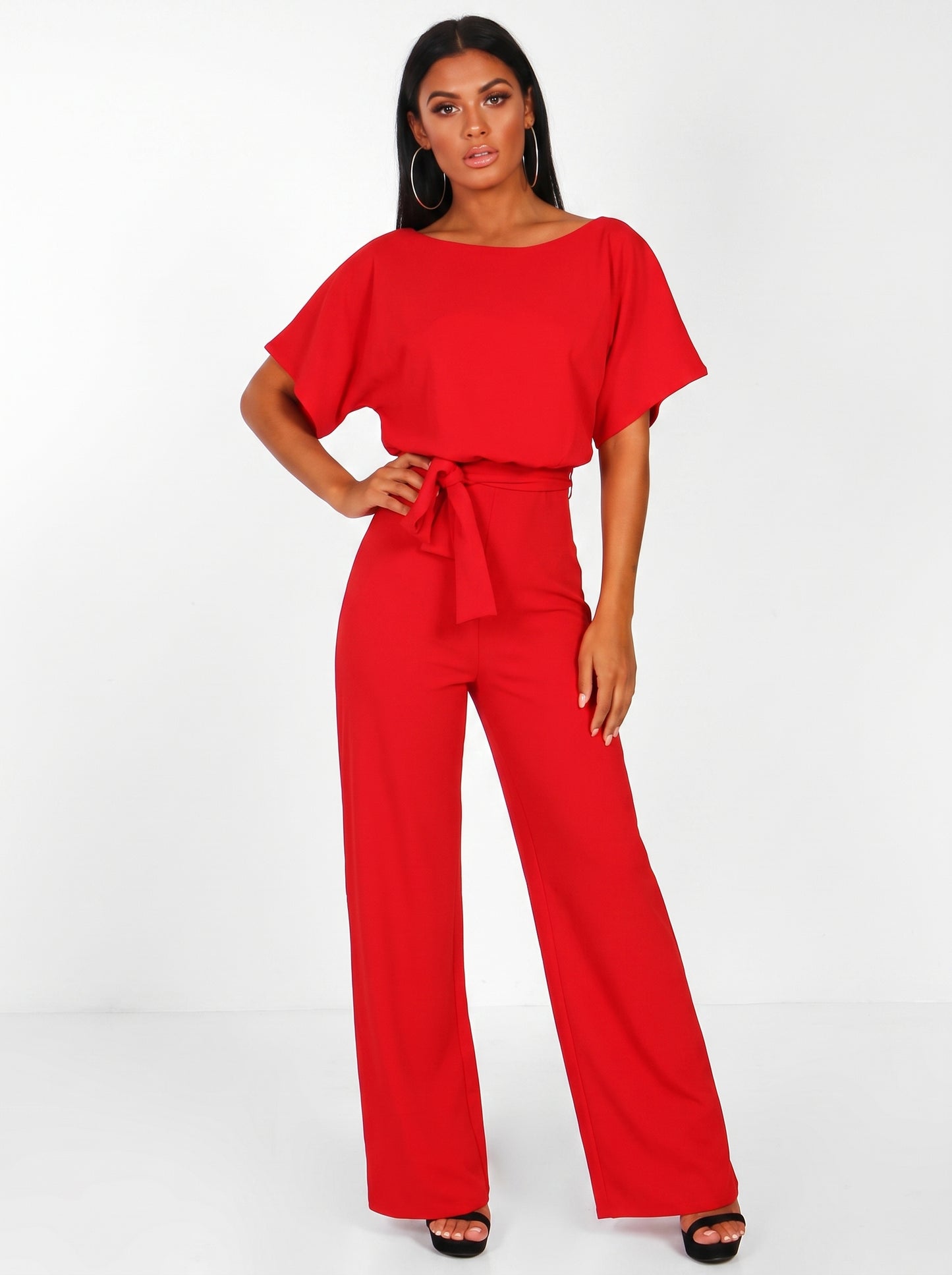 Women's Wide-Leg Jumpsuit with Short Sleeves, Round Neck and Tie Belt