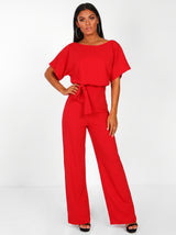 Women's Wide-Leg Jumpsuit with Short Sleeves, Round Neck and Tie Belt