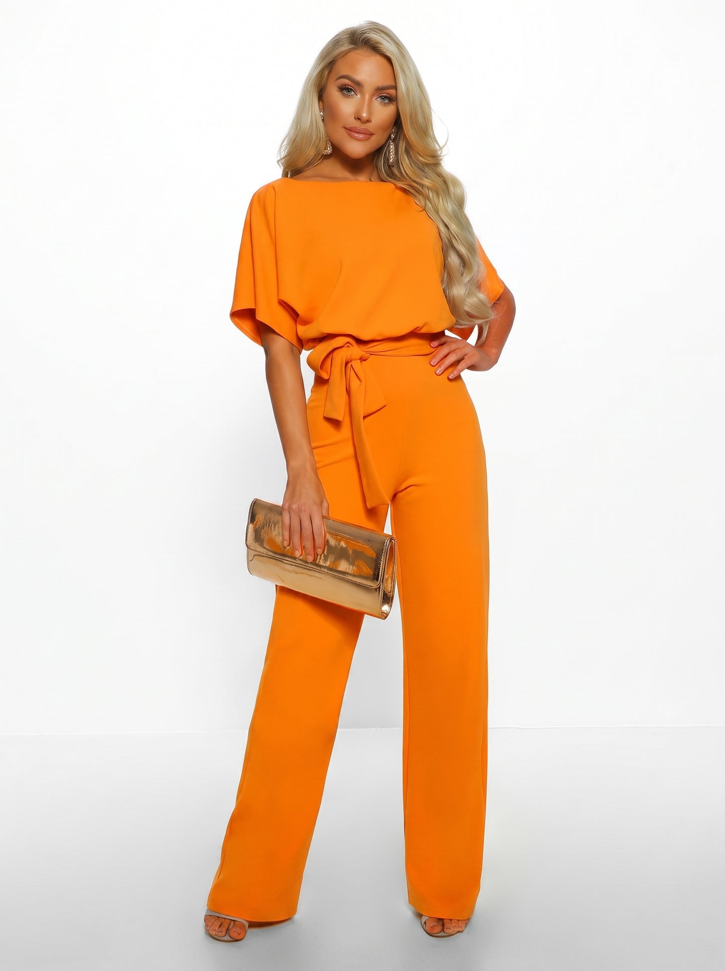Women's Wide-Leg Jumpsuit with Short Sleeves, Round Neck and Tie Belt