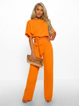 Women's Wide-Leg Jumpsuit with Short Sleeves, Round Neck and Tie Belt