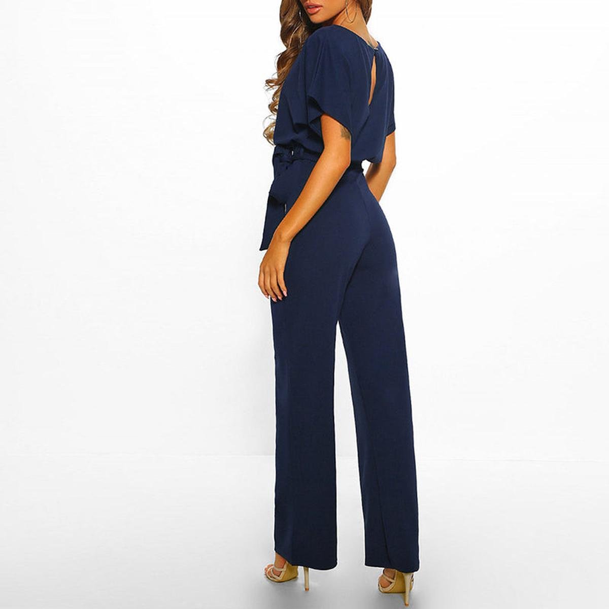 Women's Wide-Leg Jumpsuit with Short Sleeves, Round Neck and Tie Belt