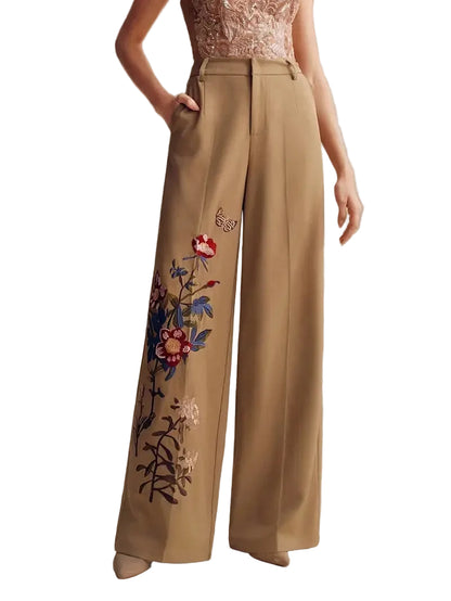 Women's Wide-Leg Pants with Floral Embroidery