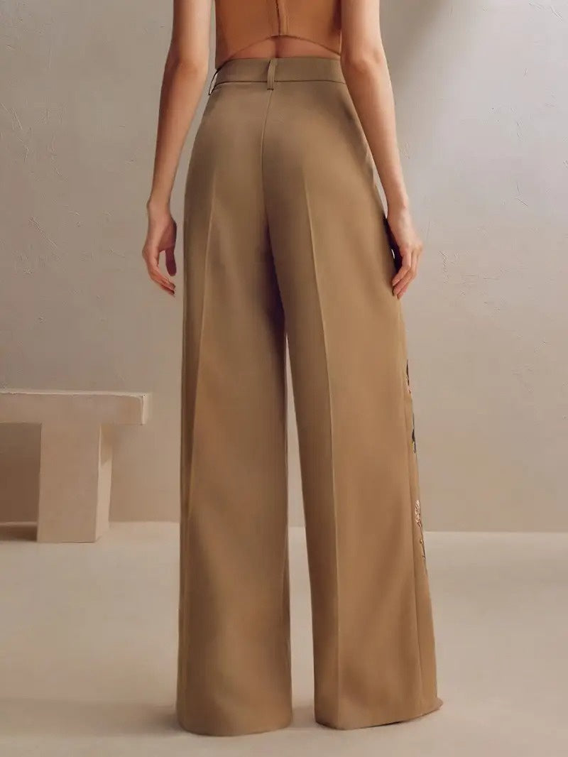 Women's Wide-Leg Pants with Floral Embroidery