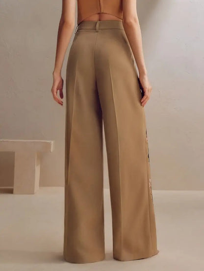 Women's Wide-Leg Pants with Floral Embroidery
