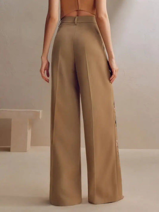 Women's Wide-Leg Pants with Floral Embroidery