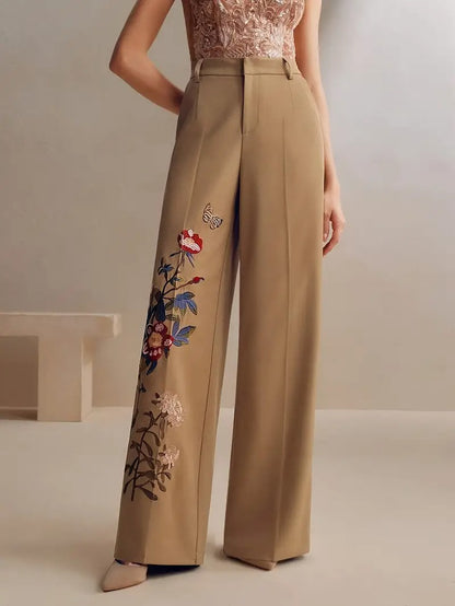 Women's Wide-Leg Pants with Floral Embroidery