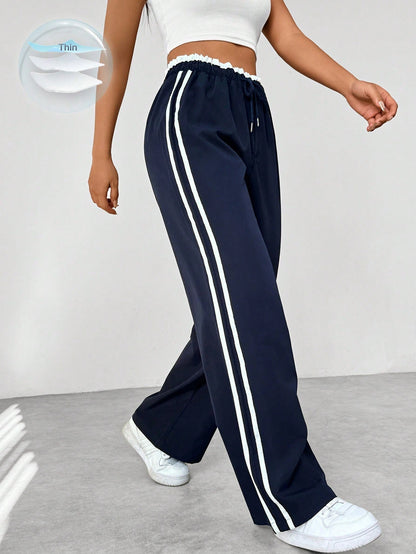 Women's Wide-Leg Sweatpants with Side Stripes and Elastic Drawstring Waist