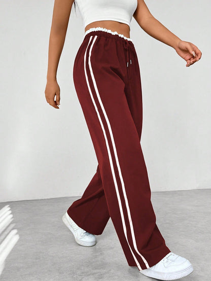 Women's Wide-Leg Sweatpants with Side Stripes and Elastic Drawstring Waist
