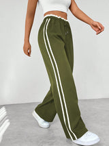 Women's Wide-Leg Sweatpants with Side Stripes and Elastic Drawstring Waist