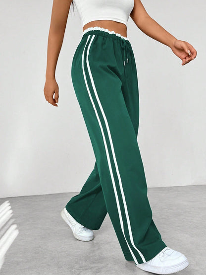 Women's Wide-Leg Sweatpants with Side Stripes and Elastic Drawstring Waist