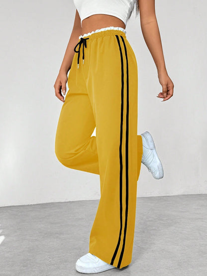 Women's Wide-Leg Sweatpants with Side Stripes and Elastic Drawstring Waist