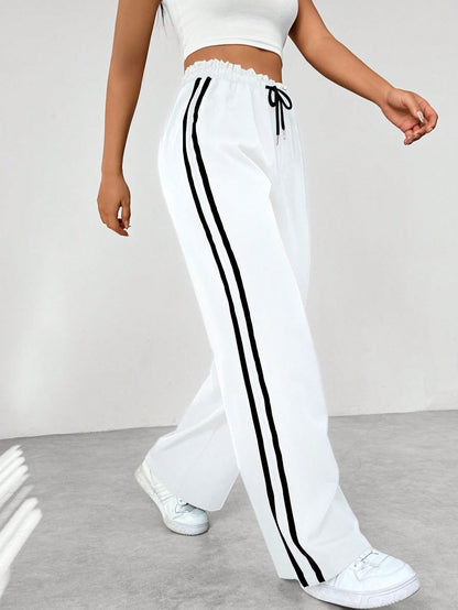 Women's Wide-Leg Sweatpants with Side Stripes and Elastic Drawstring Waist