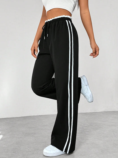 Women's Wide-Leg Sweatpants with Side Stripes and Elastic Drawstring Waist