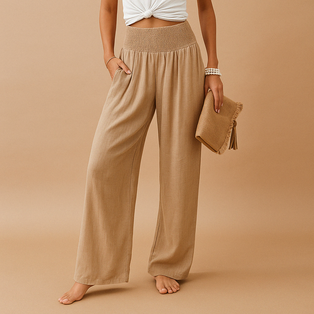 Women's Wide-Leg Trousers with Smocked High Waist and Side Pockets