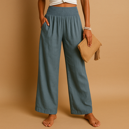 Women's Wide-Leg Trousers with Smocked High Waist and Side Pockets
