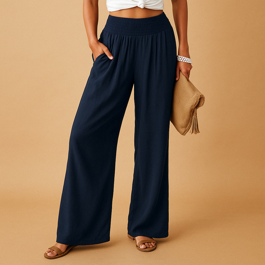 Women's Wide-Leg Trousers with Smocked High Waist and Side Pockets