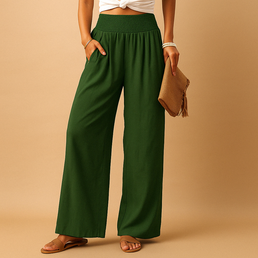 Women's Wide-Leg Trousers with Smocked High Waist and Side Pockets